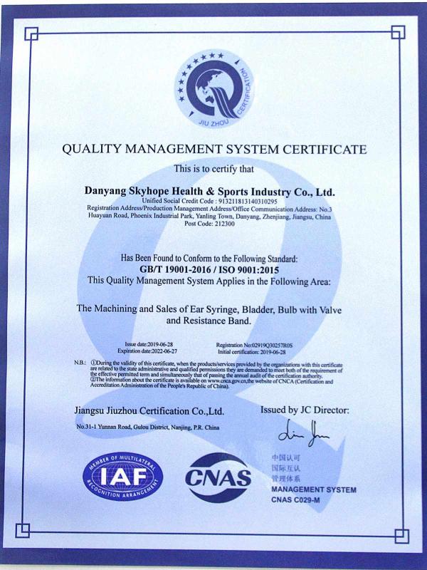 ISO9001 - Danyang Skyhope Health & Sports Industry Co., Ltd.