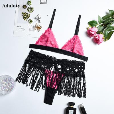 China Aduloty New Breathable Erotic Underwear Women Lace Bra Tassel Garter Belt Garter Belt Wireless Sexy Lingerie Thong Set 3Pcs for sale