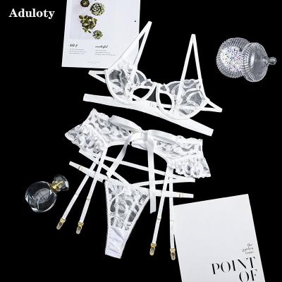 China Aduloty Breathable Sexy Lingerie Set Perspective White Thin Net Cavity Yarn Women's Lace Bra Underwear Garter Erotic Thong 3Pcs for sale