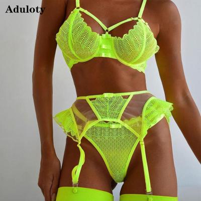 China Women's Aduloty Thin Bra Steel Support Fluorescent Green Sexy Breathable New Underwear Set Mesh Perspective Erotic Lingerie Hollow Set for sale