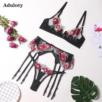 China Aduloty Three-Piece Set Sexy Women Underwear 2022 Section Mesh Lace Flower Embroidery Bra Garter Belt Breathable Thin Thong Lingerie for sale