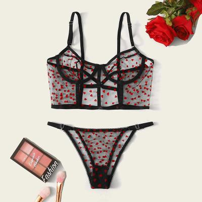 China New Women's Underwear Mesh Lingerie Set Sexy Sheer Bralette Heart Printing Lace Panties Breathable Lace Bra Set Erotic Pajamas for sale