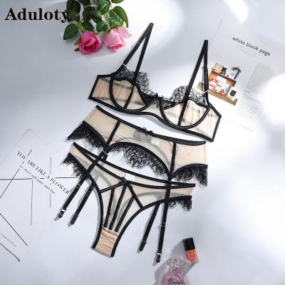 China Aduloty Gauze Eyelashes Fashion Sexy Lingerie Hot Selling Net Transparent Strappy Gathered Bra 3pcs Underwear Perspectiveh Garter for sale