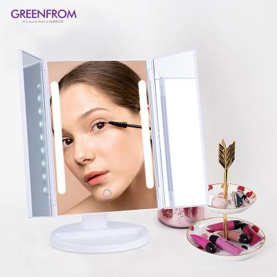 China Custom Trifold Lighted Three Way Desk Standing Trifold Table Led Portable Folding Magnifying Makeup Mirror for sale