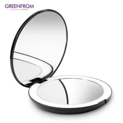 China Lighted Button Switch Foldable Plastic Private Label Pocket Compact Custom Makeup Mirror With Led Lights for sale