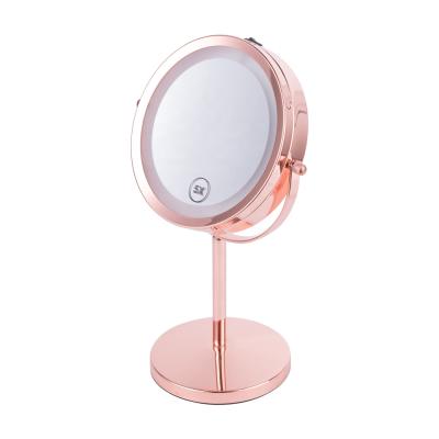 China Greenfrom Lighted 7 Inch Metal Double Sides 360 Rotation Customized Rose Gold Makeup Mirror LED Table Vanity Mirror for sale