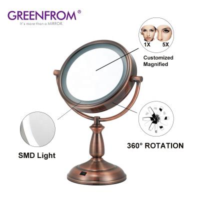 China Greenfrom Lighted Bronze Classic Retro Polished Chrome Double Side Girls Makeup Mirror With Led Lights for sale