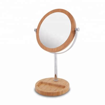 China Bamboo Desk Mirror Double Sided Beautiful Table Around Wood Framed Mirror for sale