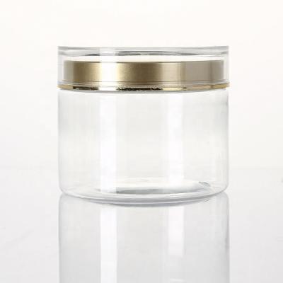 China OEM/ODM Food Accepted 200ml PET Empty Transparent Food Clear Plastic Candy Jars With Gold Lid for sale