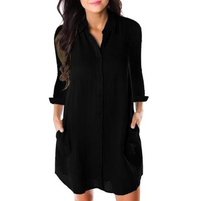 China Breathable Turn Down Collar Above Knee Loose Shirt Dress Fashion Women Plus Size Solid Cotton Casual Style Female Canvas Dresses for sale