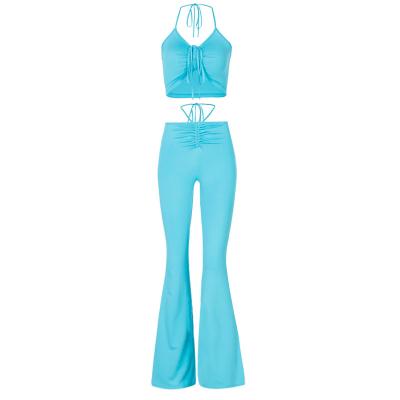 China Streetwear QUICK DRY sexy bandage coordinating blue costumes fashion drawstring halter top and high waist flare pants 2 piece set for sale