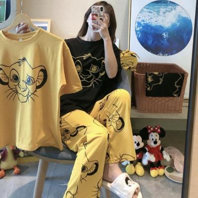 China 2021 Spring Sleeve Breathable Short Pajamas Set Cartoon Nightgowns Women Summer Pajamas Sets Pijama Sleepwear Pajamas Set Long Pants for sale