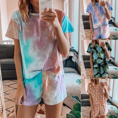 China Breathable 2021 Women Print Short Sleeve Tops And Shorts 2 Piece Pajamas Sets Tie Dye Nightgowns For Summer for sale