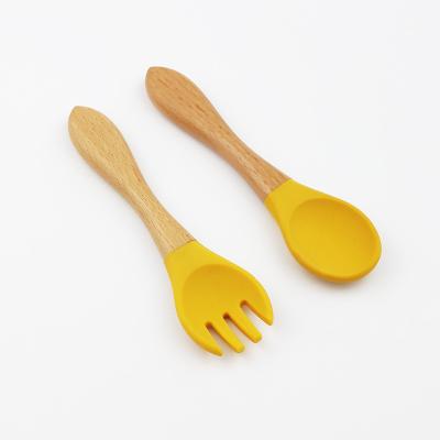 China BPA Free Customized Food Guard Baby Silicone Beech Spoon and Fork Set for sale