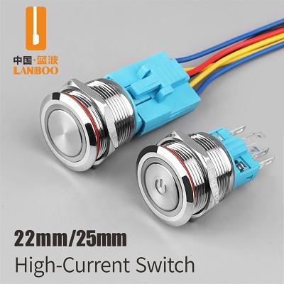 China LANBOO 22mm Copper Plating Latching/Momentary Type Illuminated Power Symbol 1NO1NC Push Button Switch With LED 12V24V220V for sale