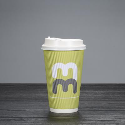 China 16oz Paper Cup Disposable Ripple Wall Coffee Paper Logo Double Walled Custom Cup And Lid for sale