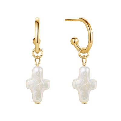 China CLASSIC luxury gold plated earrings wholesaler freshwater pearl shape circle sterling silver cross earring for sale