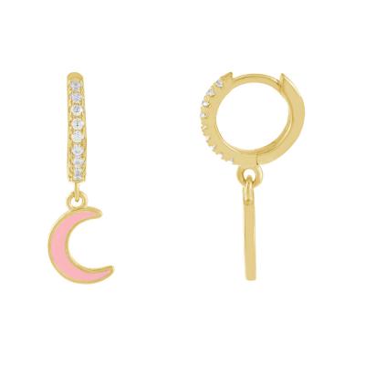 China Wholesale Sterling Silver 14k Gold Vermeil Trendy Jewelry 14k Gold Cubic Zirconia Enamel Moon Huggie Earring for sale