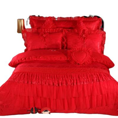 China Nondisposable American Style Cotton Embroidery Lace Up 4pcs 6pcs 8pcs 9pcs Chinese Wedding Bed Set for sale