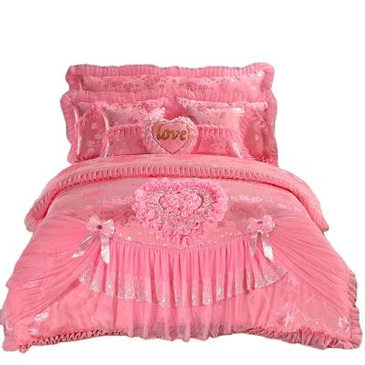 China Nondisposable Korean Princess Style Jacquard Lace Pink Bridal Bedding Set With Heart Pillows for sale