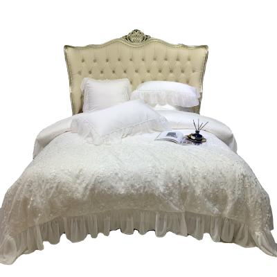 China Nondisposable Korean Styles 3D Embellished Lace Leaves Lace Up Long Staple 120s Cotton Comforter Cover Set for sale