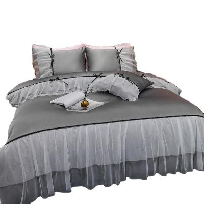 China New korean style anti-static silk like comforter cover set with bow tie for sale