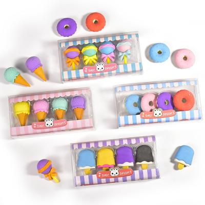 China Wholesale Environmentally Friendly Low Price Ice Cream Cookies Shape Fancy Plastic Tpr Dessert Series Eraser Set 4pcs/Pack Eraser for sale