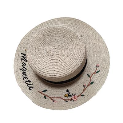 China Image New Straw Female Models Small Bee Embroidered Flat Top Hat Seaside Travel Sunscreen Sun Hat for sale