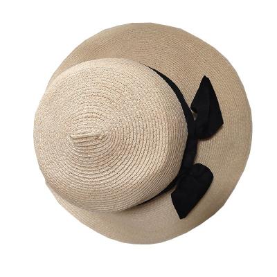 China Straw Hat Female Fashion Flat Eaves Picture Bow Sun Hat Summer Travel Beach Outdoor Hat New for sale