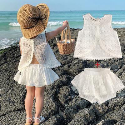 China Underwaist Backless Two-piece Suit Western Style Cotton New Summer Sweet Hollow Girls' Suit Female Babies for sale