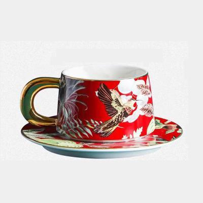 China Viable Flower And Bird Coffee Mug With Saucer Mug Nordic Ceramic Home Office Couple European Style Latte Cups Set for sale