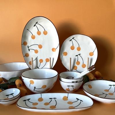 China Sustainable Loquat Dinnerware Set Household Ceramic Dish Yellow Soup Bowls Spoon Spoon Dinnerware Set for sale