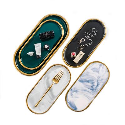 China Luxury Oval Marble Dish Serving Tray with Heavy Duty Gilt Edge Bathroom Tote Tray and Vanity Tray for Jewelry Perfume for sale