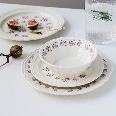 China Retro New Viable French Bone China Embossed Western Ceramic Dish Fruit Dessert Salad Bowl Pasta Steak Dish Household Dinnerware Set for sale