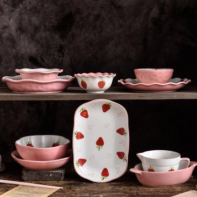 China Sustainable Pink Strawberry Ceramic Dish Salad Soup Bowls Wave Bowl Microwave Bowls Household Tableware for sale