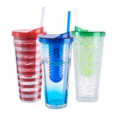 China Sustainable Reusable Plastic Tumbler Cups With Infuser 21 Ounce Double Lid & Straw & Wall Freezer Frosty Beer Mug Keep Drinks Cold for sale