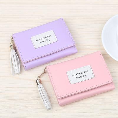 China Waterproof Women Love Tassel Three Folds Cute Ladies Small Card Leather Short Wallet for sale