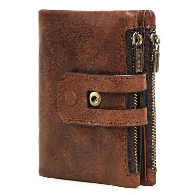 China Custom OEM Vintage Fashion Vintage RFID Double Zipper Coin Purse RFID Mens Genuine Leather Wallets for sale