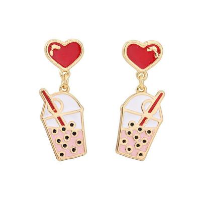 China Lovely Cute Best Friend Jewelry Drink Sweet Earrings Milk Tea Heart Clip On Earrings Accessories, Gold Plated Love Heart Stud Earring for sale