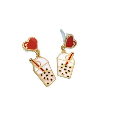 China Cute red heart stud earring, soft tea earring boba enamel charm pendant wear fashion accessory for sale