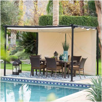 China Easily Assembled Design Metal Waterproof Steel Pergola Outdoor Gazebo With Green Retractable Shade Canopy for sale