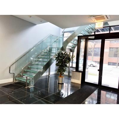 China Modern Indoor Straight Floating Tempered Glass Stairs Steps With Glass Railing Metal Staircase for sale