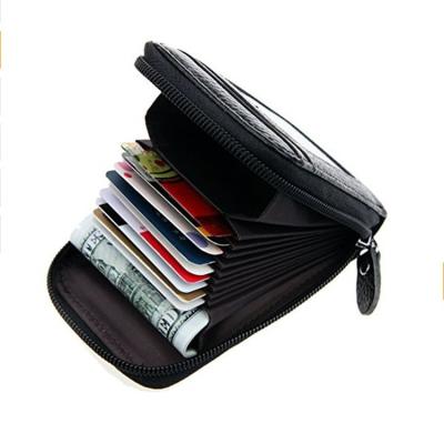 China Promotional Gift Durable Genuine Leather RFID Blocking Slim Wallet and Card Holders with Zipper Closure for sale