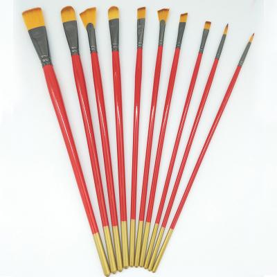 China Watercolor Acrylic Gouache Long Shape Round Flat Synthetic Artist Fan Filbert Brush Set Red Handle Painting Brush Set for sale