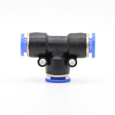 China Building Material Shops PE Air Fittings 3 Way T Type Black Plastic Push In Fittings Quick Connector Black Plastic Pneumatic Fittings for sale