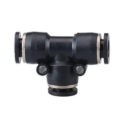 China Building Material Shops Pneumatic Fittings PE 3 Way T Type All Black Blue Plastic Air Hose Quick Connect Push In Air Fittings for sale