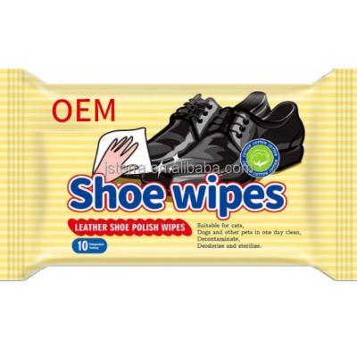 China Beauty Care Alcohol Free Disposable Organic Leather Shoe Shine Wet Cloths For Leather 10pcs Per Bag for sale