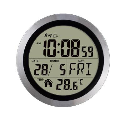 China Class Circular Aluminum Frame H177 Digit LCD Display Wall Clock Desk Standing Digital Alarm Clock for sale