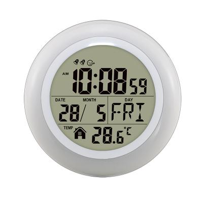 China Files Circular Shape H165 LCD Digital Wall Clock Alarm Clock Desk Standing Digital Calendar for sale