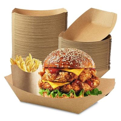 China Recycled Materials Kraft Brown Paper Food Trays Grease Resistant Fast Food Cardboard Ship Basket for sale